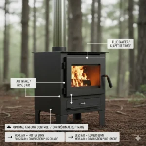 Technical illustration showing how to adjust the air intake and flue damper on a camping wood stove for a longer burn time.