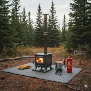 Illustration of fire safety gear including a heat mat and spark arrestor for a camping wood stove used in a provincial park.