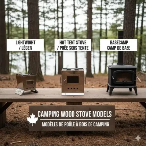 A graphic comparing different camping wood stove models with English and French labels (Poêle à bois de camping).