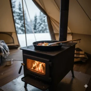 Illustration of a cast iron skillet cooking breakfast on the flat top of a heavy-duty camping wood stove.