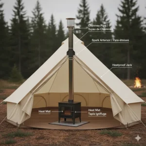 Step-by-step diagram showing the safe installation of a camping wood stove and chimney pipe in a canvas wall tent.