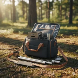 A breakdown view of a collapsible camping wood stove showing how it fits into a compact carrying bag for portage.