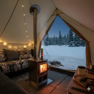 A cozy winter camping scene in Ontario featuring a hot tent equipped with a stainless steel camping wood stove.
