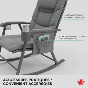 Built-in cup holder and storage pocket features on a premium chaise bercante camping.