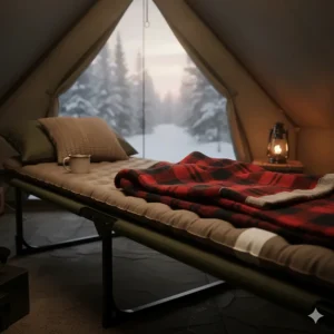 A lit de camp topped with a self-inflating mattress and a heavy wool blanket for Canadian nights.