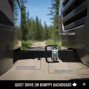 Diagram of an anti-rattle device on a camper bike rack to ensure a quiet drive on bumpy backroads.