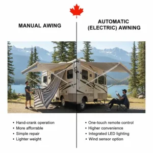 Comparison chart between manual and electric camper awning replacement options for campers.