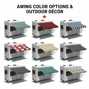 Graphic displaying various color patterns for a camper awning replacement to match Canadian camping gear.