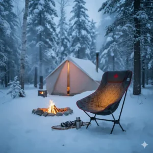 An insulated heated camping chair set up in a snowy Ontario forest near a canvas wall tent.