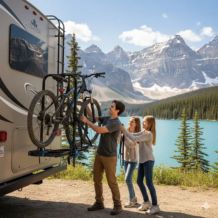 A family mounting mountain bikes onto a sturdy camper bike rack parked near a scenic Canadian Rockies lake.