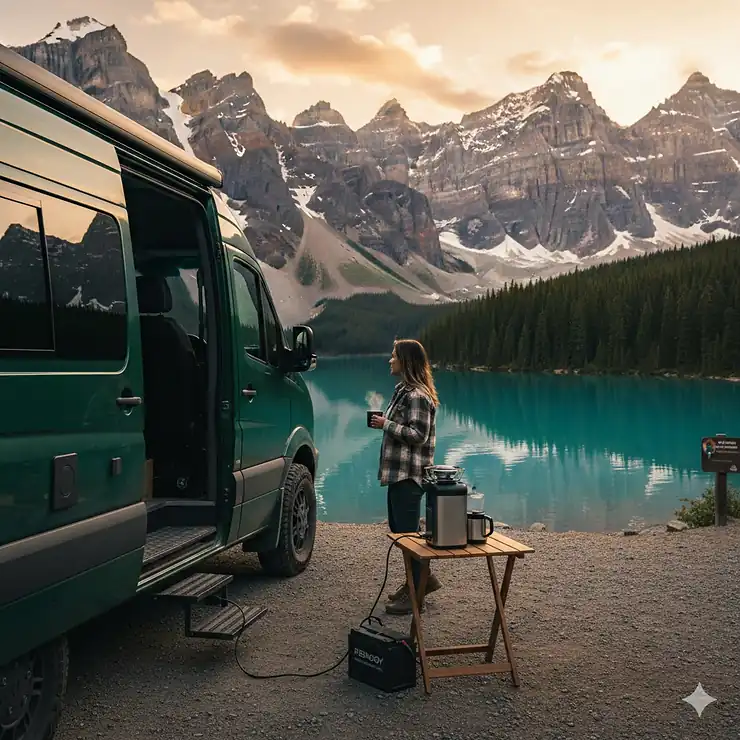 A modern camper van parked near a turquoise lake in the Canadian Rockies using a power inverter to run a coffee maker at sunrise.