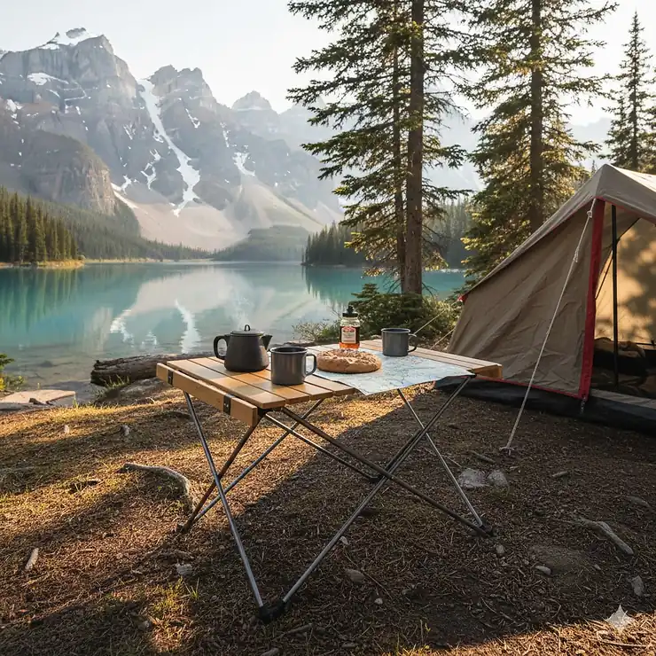 A durable folding camping table set up at a lakeside campsite in the Canadian Rockies with the focus keyword camping table camping.