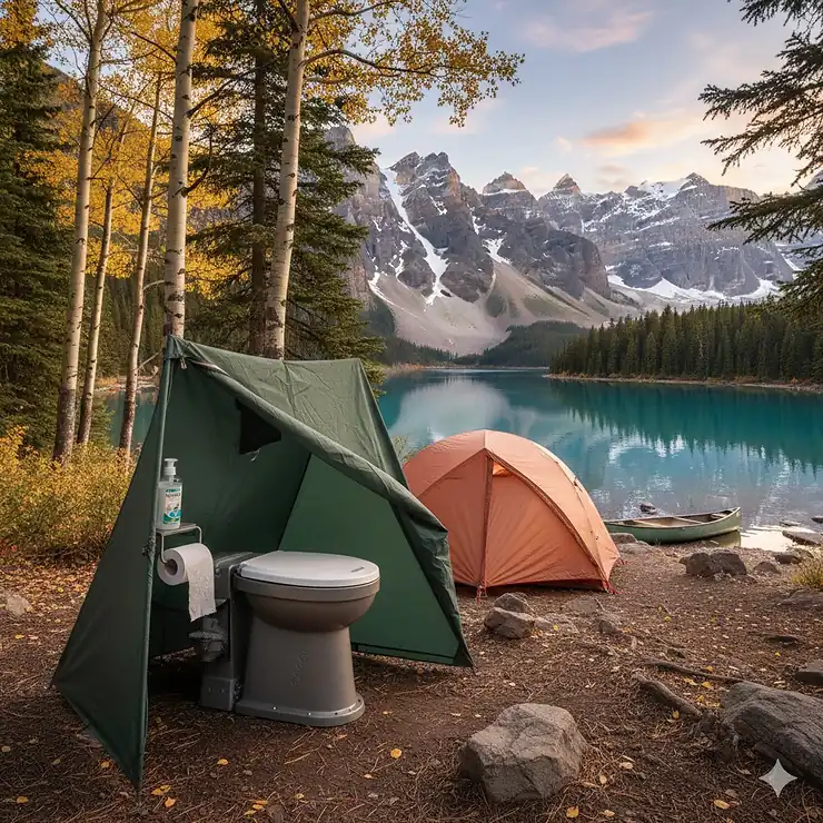 A portable camping toilet set up at a scenic lakeside campsite in the Canadian Rockies during autumn.