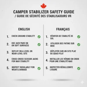 Safety checklist for camper stabilizer jacks in English and French (Vérins de stabilisation pour VR) for Quebec travelers.