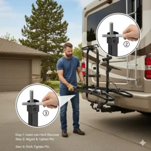 Step-by-step illustration of a hitch-mounted camper bike rack being secured to a Class C motorhome.