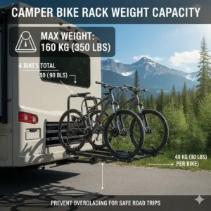 An infographic showing the weight capacity of a 4-bike camper rack to prevent overloading during road trips.