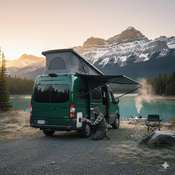 A traveler checking the exterior access panel of a camper hot water tank while camping in the Canadian Rockies.