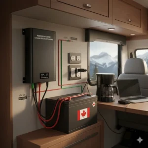 A clear wiring diagram showing how a camper power inverter connects a deep-cycle battery to AC outlets in a Canadian RV.