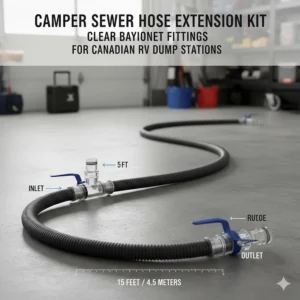 Technical drawing of a 15-foot camper sewer hose extension with clear bayonet fittings for Canadian RV dump stations.