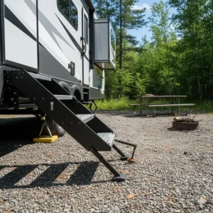 Illustration of adjustable camper stairs being leveled on a gravel provincial park campsite.
