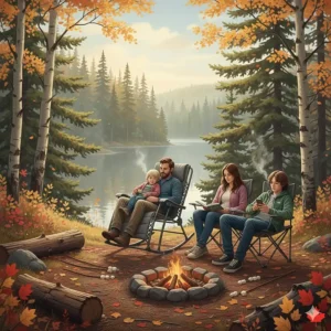 A family enjoying a Canadian camping trip with a variety of outdoor seating and a comfortable chaise bercante camping.