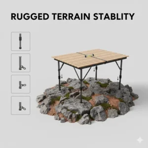 Diagram of a camping table with adjustable legs for stability on rocky or uneven Canadian forest terrain.
