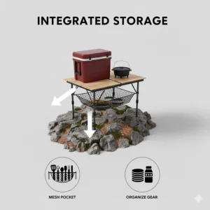 Folding camping table featuring a bottom mesh storage layer for organizing camping supplies and kitchen tools.