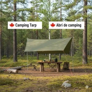 An infographic showing a camping tarp with bilingual labels in English and French (Abri de camping) for the Canadian market.