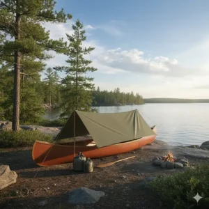 An olive green camping tarp providing shade and rain protection for a cedar-strip canoe on a rocky Canadian shoreline.