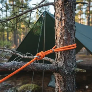 Close-up illustration of a taut-line hitch knot on a camping tarp guyline for secure setup in windy Canadian weather.
