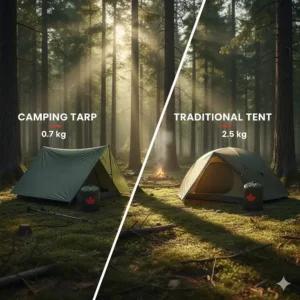A side-by-side comparison illustration showing the packable size of a camping tarp versus a traditional trekking tent.