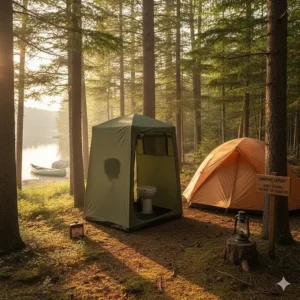 Illustration of a privacy shelter housing a toilet portable camping unit in a wooded Quebec campsite.