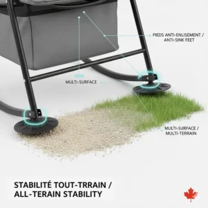 Anti-sink oversized feet of a rocking camping chair suitable for soft soil, sand, and gravel.
