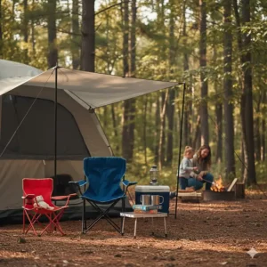 A kid-sized chaise camping and adult model placed under a tent awning at a provincial park campsite.