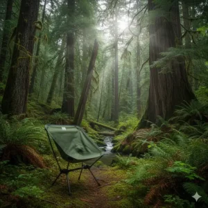 An ergonomic chaise camping positioned under giant Douglas firs in a lush British Columbia rainforest.