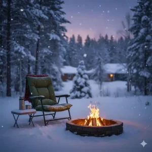 An insulated chaise camping placed in the snow next to a backyard fire pit during a Canadian winter evening.