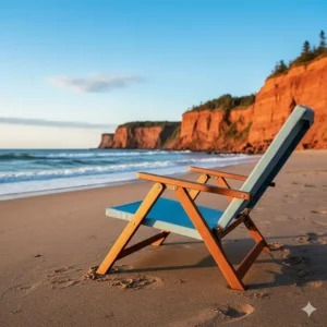 Low-profile chaise camping on a sandy beach in Prince Edward Island with red cliffs in the background.