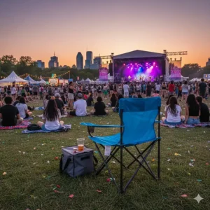 A portable chaise camping being used at an outdoor summer festival in Montreal, highlighting versatility and comfort.