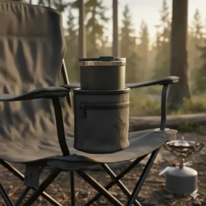 Close-up of a heavy-duty chaise camping featuring a built-in cup holder and insulated side pocket for Canadian beverages.