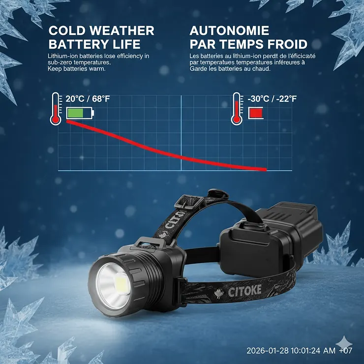 A diagram showing camping headlamp battery performance in cold Canadian winter temperatures.