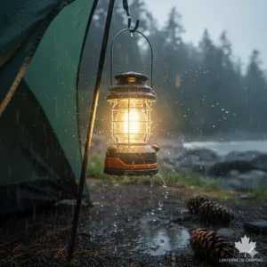 A space-saving collapsible camping lantern being packed into a small hiking bag for lightweight Canadian backpacking.