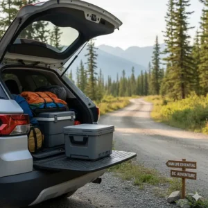 A lightweight, folding portable toilet for camping, ideal for van life or small SUV trips in BC.