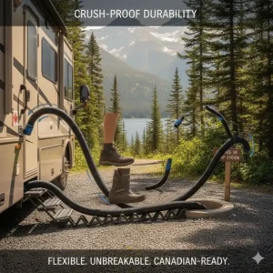 Illustration demonstrating the flexibility and crush-proof material of a premium camper sewer hose.
