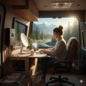 A digital nomad working inside a camper van in British Columbia, using an inverter to charge a laptop and Starlink dish.