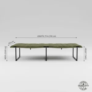 Technical drawing showing the height, width, and length of a standard adult-sized lit de camp.