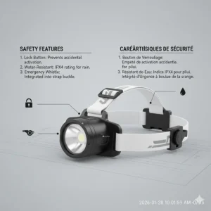 Graphic showing camping headlamp safety features with English and French (Bilingual) instructions.