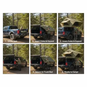 A diagram showing the quick assembly of a pickup camping tent on a truck bed for solo Canadian travelers.