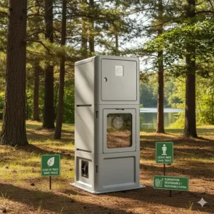 Illustration of an eco-friendly portable toilet for camping with "Leave No Trace" principles for Canadian parks.