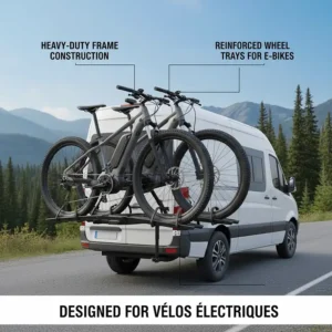 Illustration of a heavy-duty camper bike rack designed for heavy e-bikes (vélos électriques) on a camper van.
