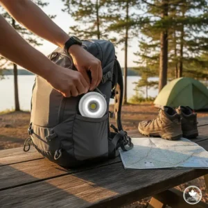A bright emergency camping lantern used inside a winter tent during a cold-weather camping expedition in the Yukon.